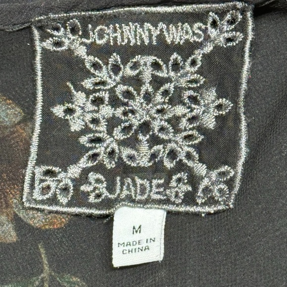 JOHNNY WAS Zorya Printed Floral Silk Mini Dress Black Puff Sleeve Size Medium - Picture 13 of 16